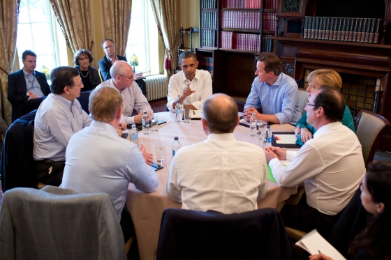 G8 Summit meeting on Transatlantic Trade and Investment Partnership in the Library at Lough Erne Resort in Enniskillen, Northern Ireland on 17 June 2013. President Barack Obama of the United States faces the camera in the centre, with (clockwise): Prime Minister David Cameron of the United Kingdom; Chancellor Angela Merkel of Germany; President François Hollande of France; Prime Minister Enrico Letta of Italy; Taoiseach Enda Kenny of Ireland, which holds the Presidency of the Council of the European Union; José Manuel Barroso, President of the European Commission; and Herman Van Rompuy, President of the European Council.