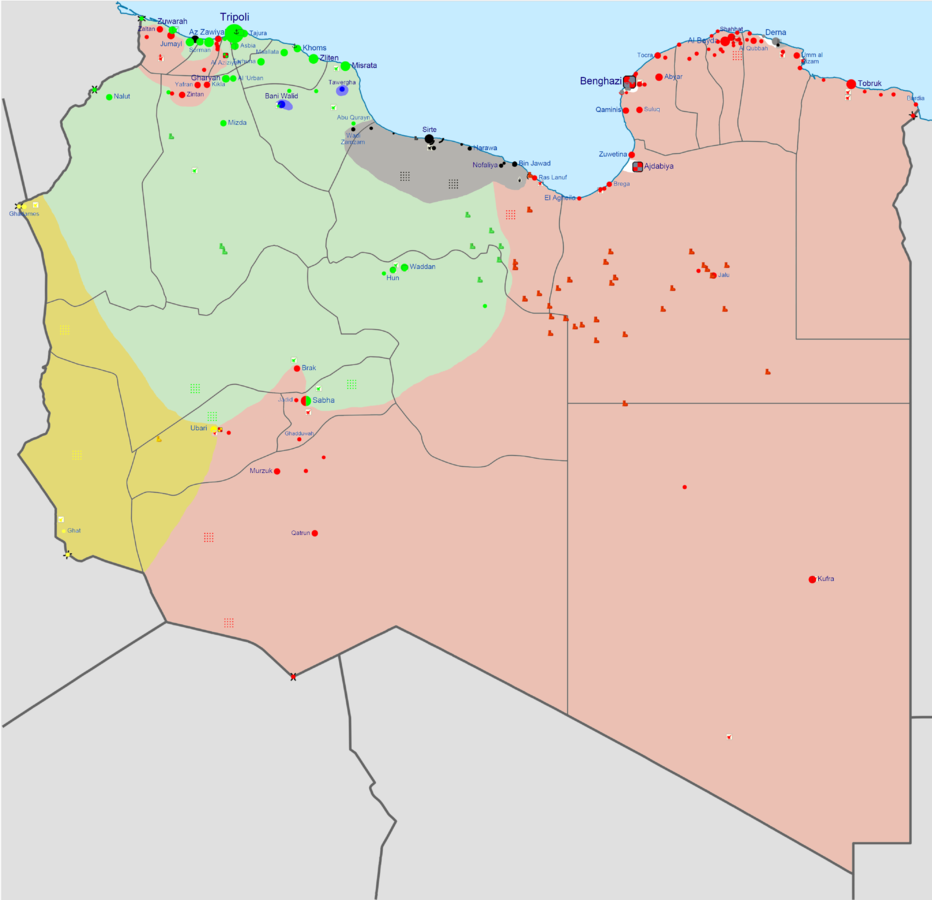 Current military situation in Libya: Dark grey is under the control of ISIL and Ansar al-Sharia. Other colors represent the sides of the civil war in Libya which started after the bombing of Libya by the West in 2011.