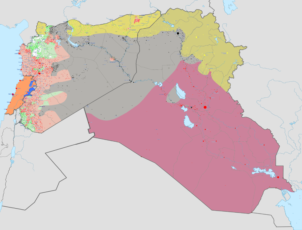 Map of the war against ISIL as of February 3, 2016. Dark purple marks territories controlled by Iraq; pink - territories controlled by the Syrian government; dark grey - territories controlled by ISIL. White - controlled by al-Nusra; green - by other anti-government armed groups