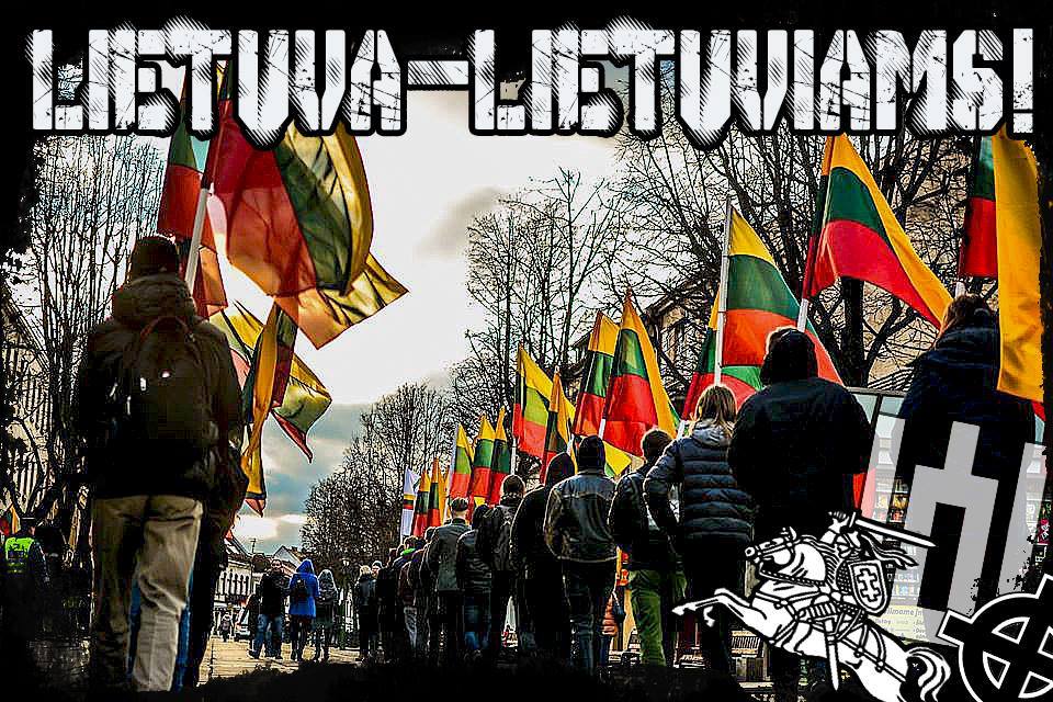 The words read: "Lithuanian for Lithuanians!" Notice the so-called stylized "Sun Cross", a "traditional" white supremacist symbol defined by the Anti-Defamation League as a hate symbol. The nationalists put the "Sun Cross" is on this picture near the Lithuanian flag and national symbol. The photo itself was taken during the February 16 march in Kaunas. Photo source: Lithuanian National Youth Union Facebook page.