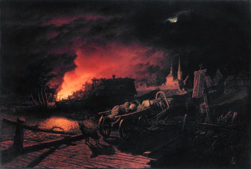 The fire in the village at night by Leonid Solomatkin