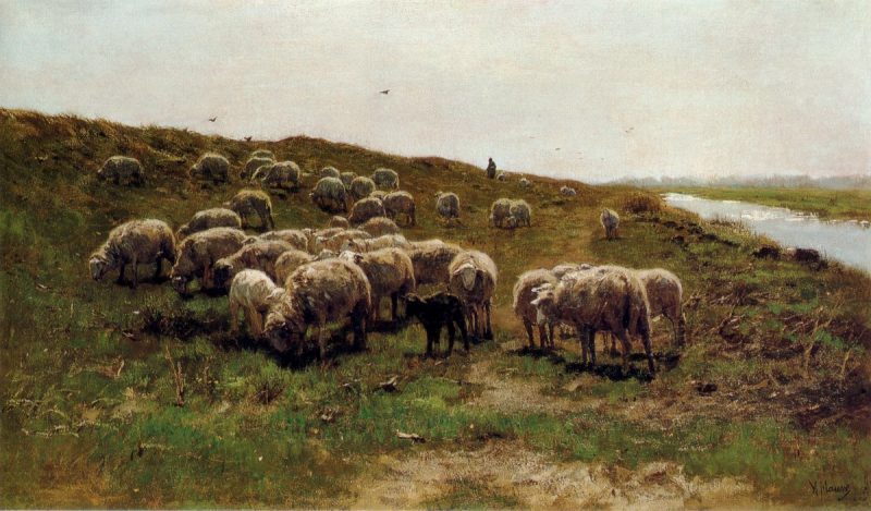 Sheep on a dyke by Anton Mauve, 1870.