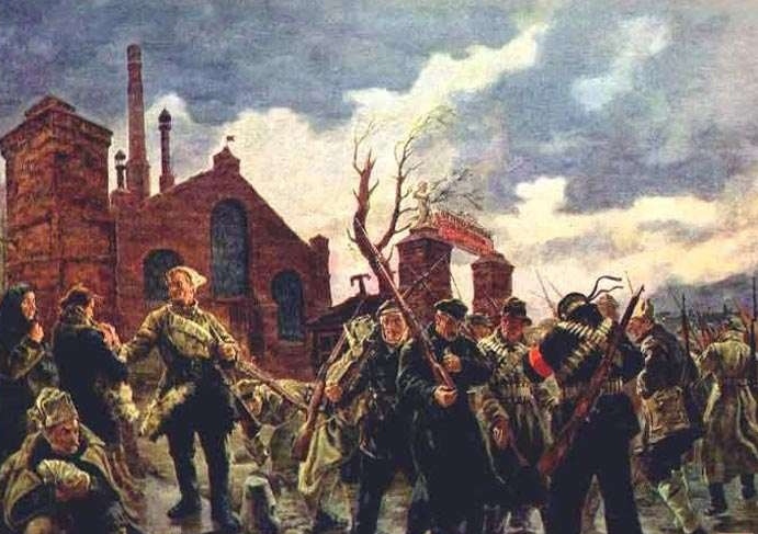 Workers' detachment leaving for the front in 1919 (fragment) by Sokolov-Skalya, 1937.