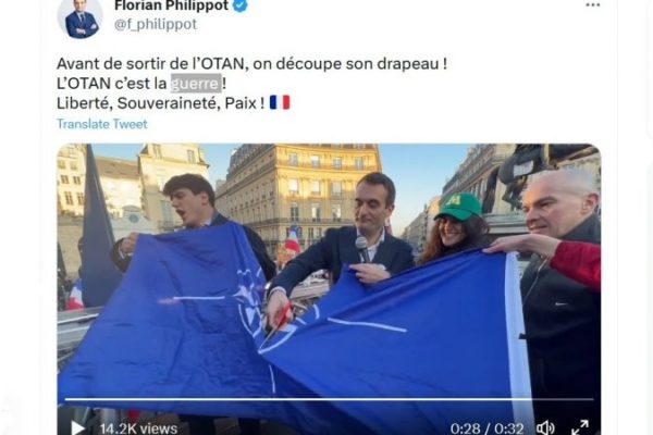Screenshot of the Twitter page of Patriots Party President Florian Filippot with a video of a march for peace in Paris on February 12, 2023.