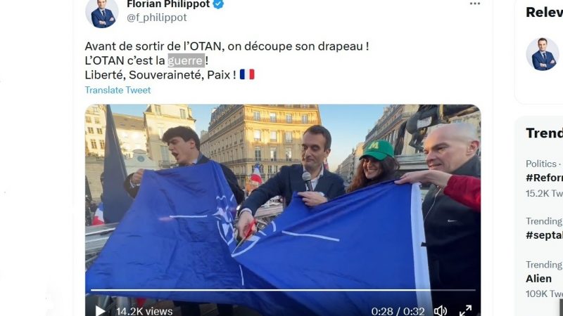 Screenshot of the Twitter page of Patriots Party President Florian Filippot with a video of a march for peace in Paris on February 12, 2023.