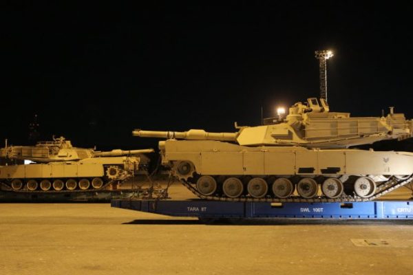 American Abrams tanks on cargo platforms