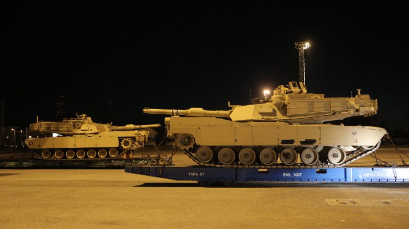 American Abrams tanks on cargo platforms