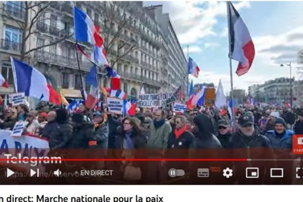 Quote from the video broadcast En direct: Marche nationale pour la paix by Reservoir Apps on Youtube about the March for Peace in Paris on February 26, 2023.