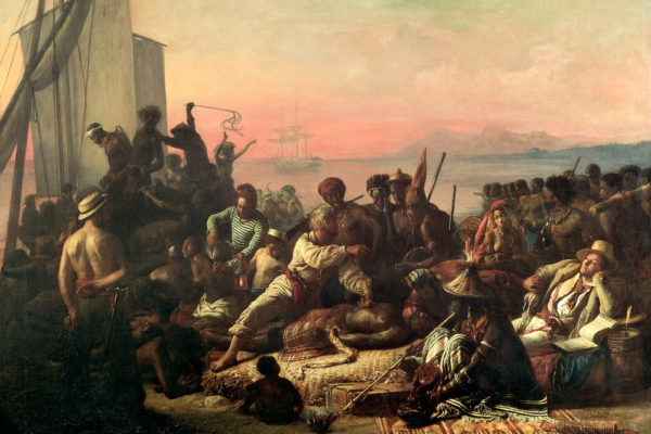 François-Auguste Biard. Buying slaves on the African coast and sending them on a slave ship. 19th century
