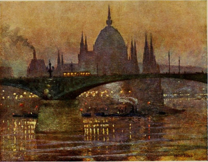 The houses of parliament and Margit bridge, Budapest by Marianne Stokes, 1909.