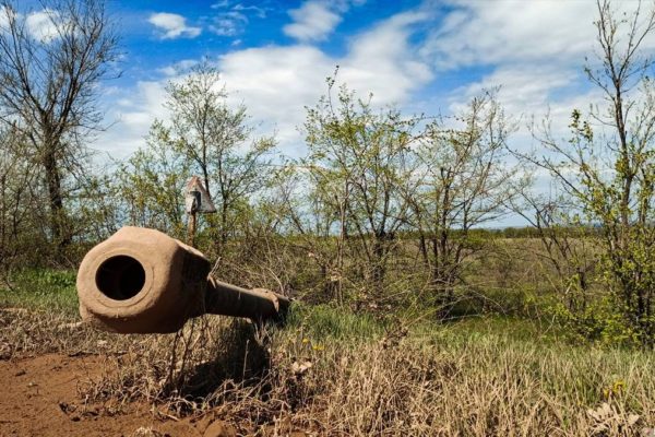 Snowdrops of war. A muzzle of a destroyed Ukrainian artillery. LPR