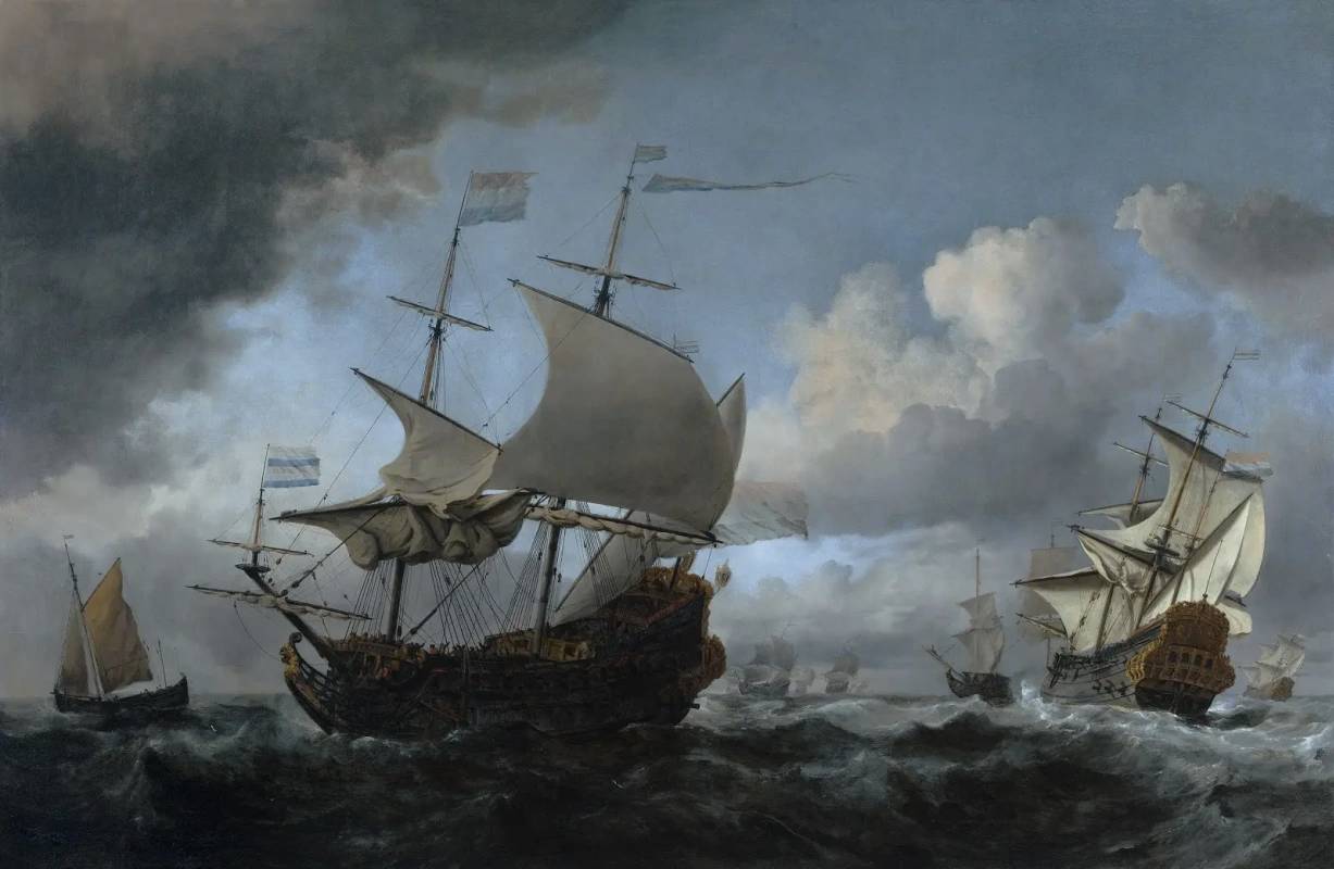 Willem van de Velde the Younger, The Dutch Fleet Assembling Before the Four Days’ Battle of 11-14 June 1666, with the Liefde and the Hauden Leuven in the foreground. 1670