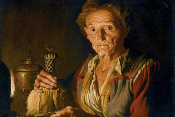 Old woman with purse and golden coins, allegory of avarice