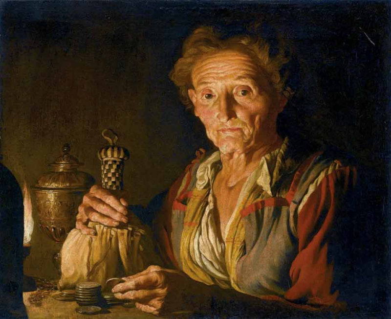 Old woman with purse and golden coins, allegory of avarice