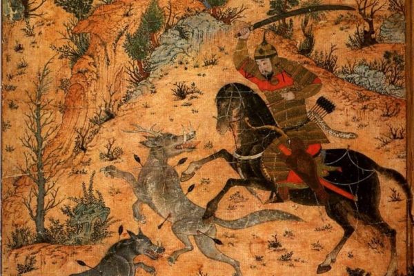 Isfandiyar Fighting Wolves. Shah-name. Sarai Tebriz albums, approx. 1370