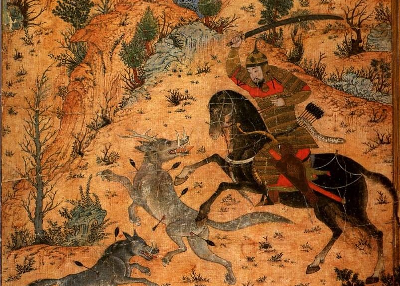 Isfandiyar Fighting Wolves. Shah-name. Sarai Tebriz albums, approx. 1370