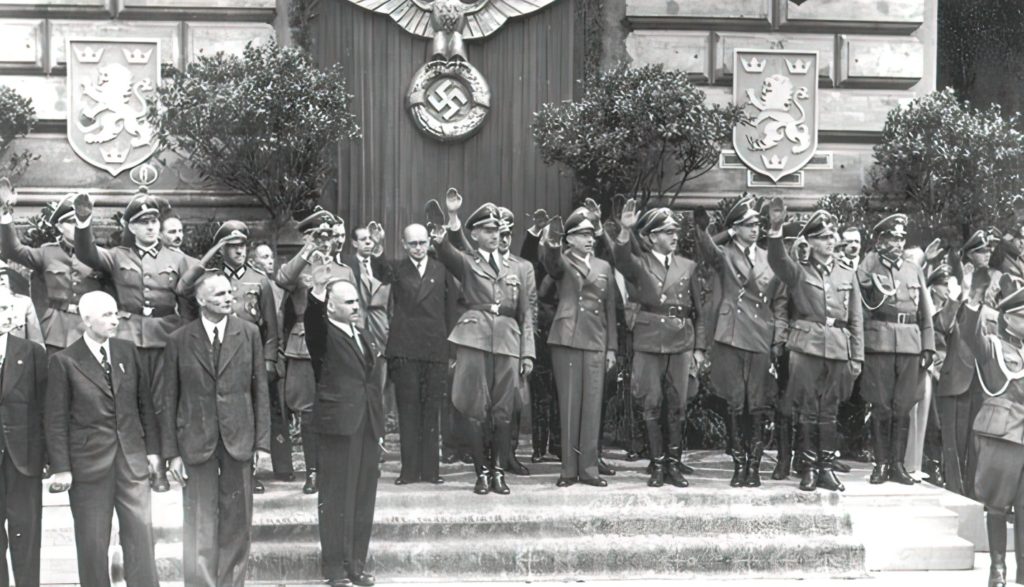 Military parade in honor of the creation of the SS Division Galicia*. In the center - Kubiyovich and the General Governor of Galicia Otto Wächter. Lvov, 1943