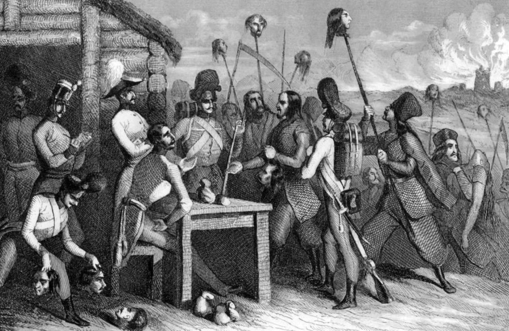 Austrian soldiers buying heads of slain nobles from Galician peasants 