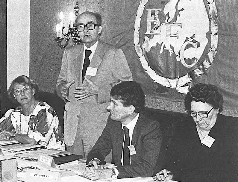 Otto von Habsburg (standing) speaking at a meeting of the European Freedom Council. On the far right – Slava Stetsko