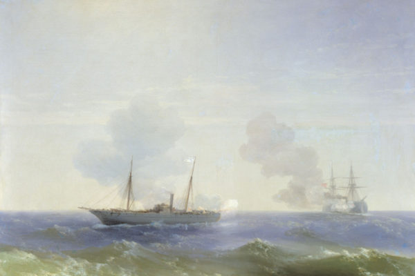 Fight of the steamer Vesta with the Turkish battleship Fehti-Bulend in the Black Sea on July 11, 1877