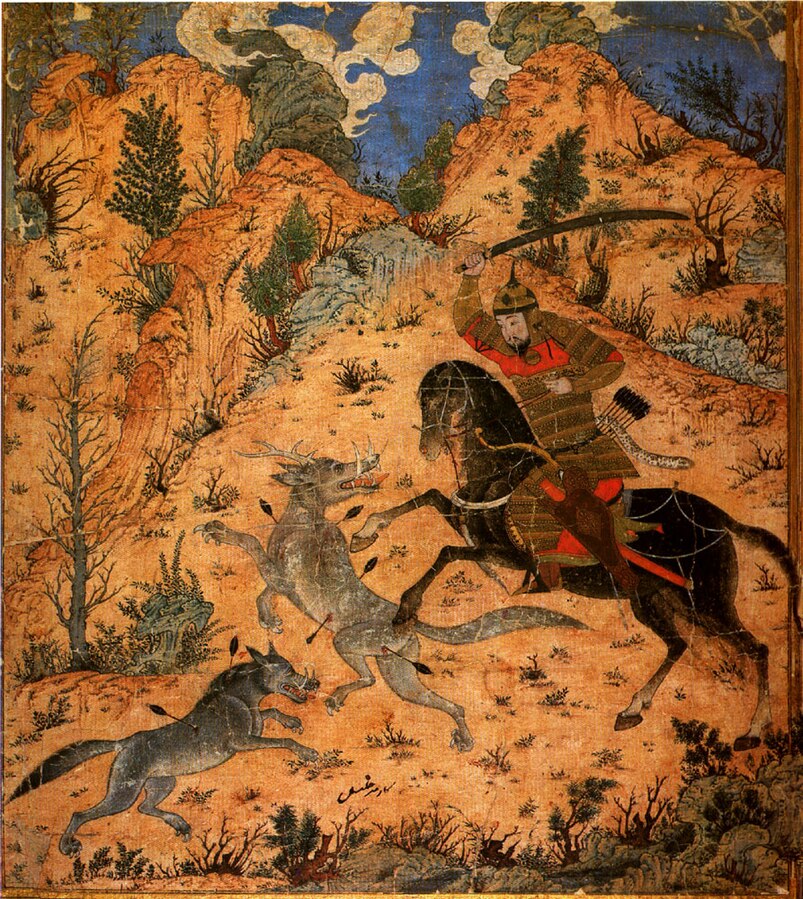 Isfandiyar fights with the Wolves Shah-nama. From the Sarai Albums Tabriz, Hazine 2153, folio 73b Painting under the Jala'ir rule kept at Topkapı Palace Museum