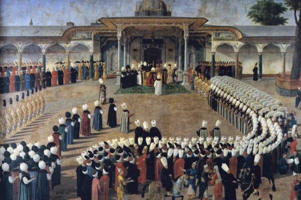 Selim III receiving dignitaries during an audience at the Gate of Felicity, Topkapı Palace. Painting by Konstantin Kapıdağlı