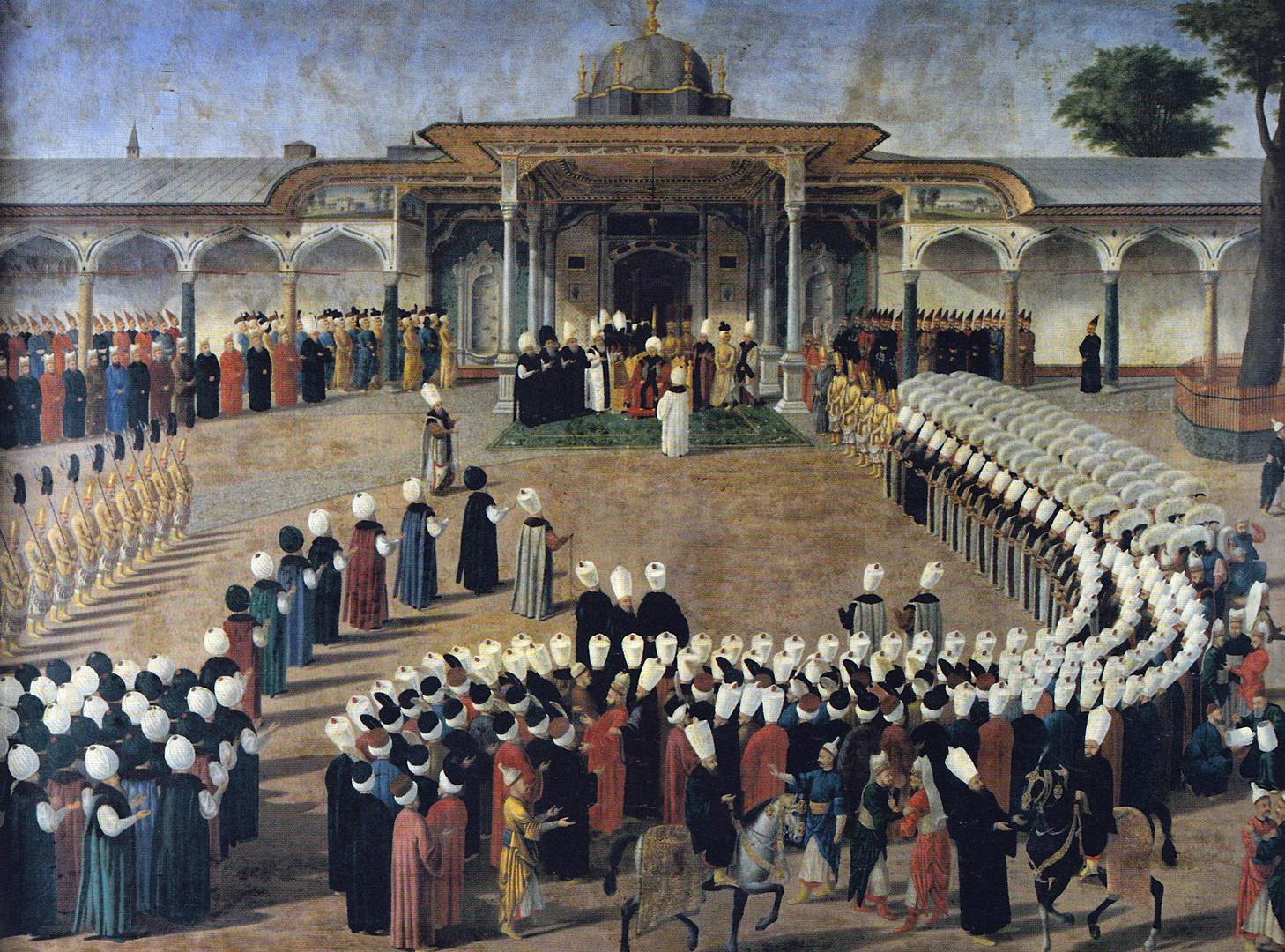 Selim III receiving dignitaries during an audience at the Gate of Felicity, Topkapı Palace. Painting by Konstantin Kapıdağlı