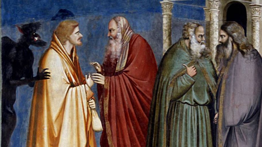 Giotto, Scrovegni Chapel. Judas Receiving Payment for his Betrayal (fragment). 1304 - 1306