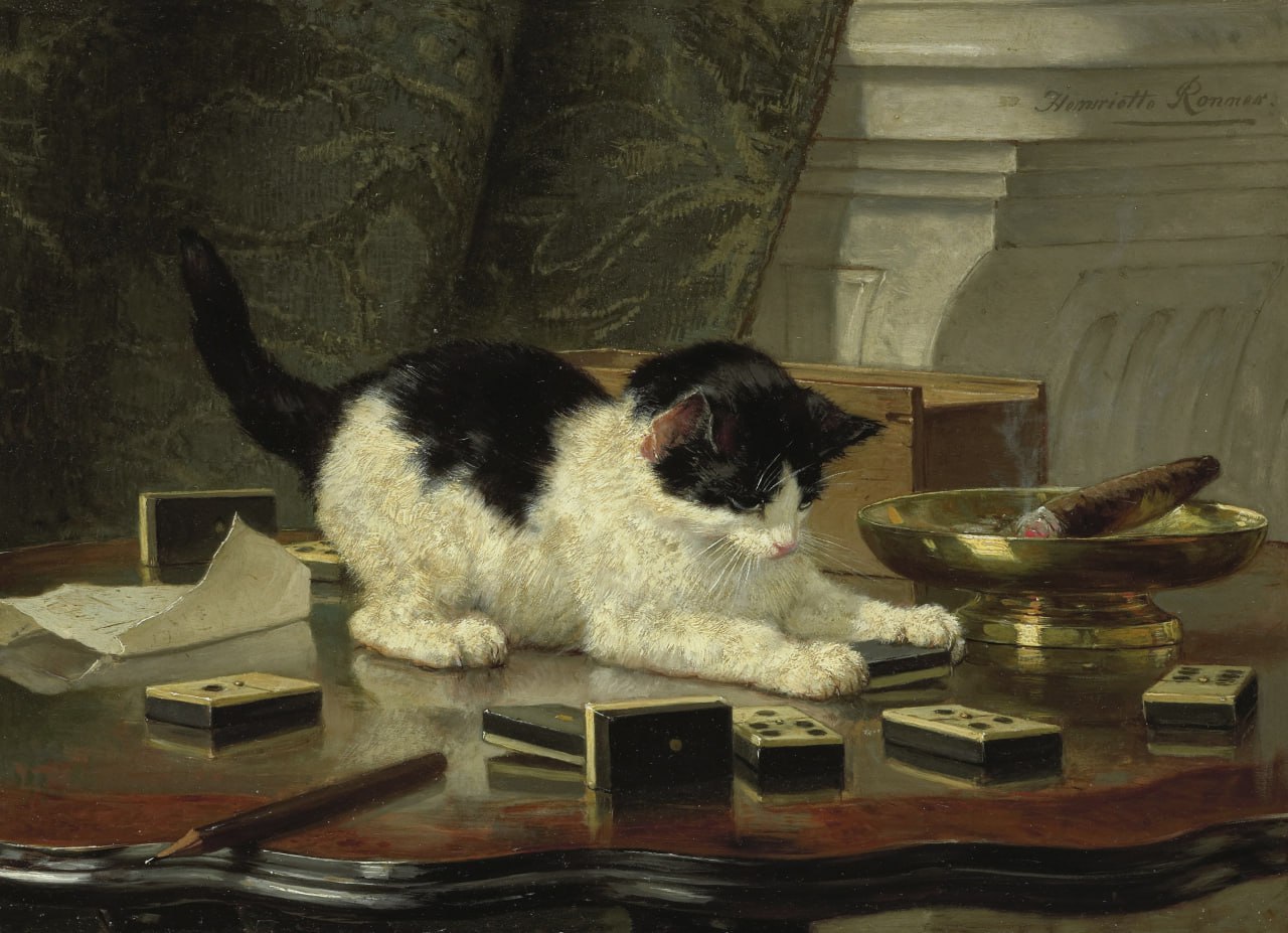Kitten's Game by Henriette Ronner-Knip, details of the painting, 1860 – 1878.