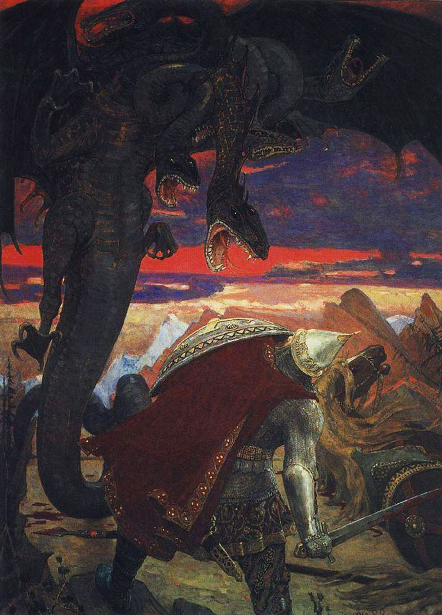 The Battle of Dobrynia Nikitich with the Seven-Headed Serpent Gorynych by V. Vasnetsov. 1918