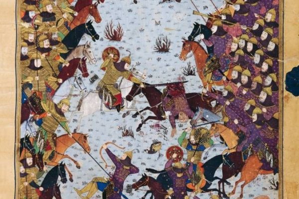 The Persian army led by Khosrow attacking the Turanian army under the command of Afrasiab. The Bayasanghori Shâhnâmeh. 1430