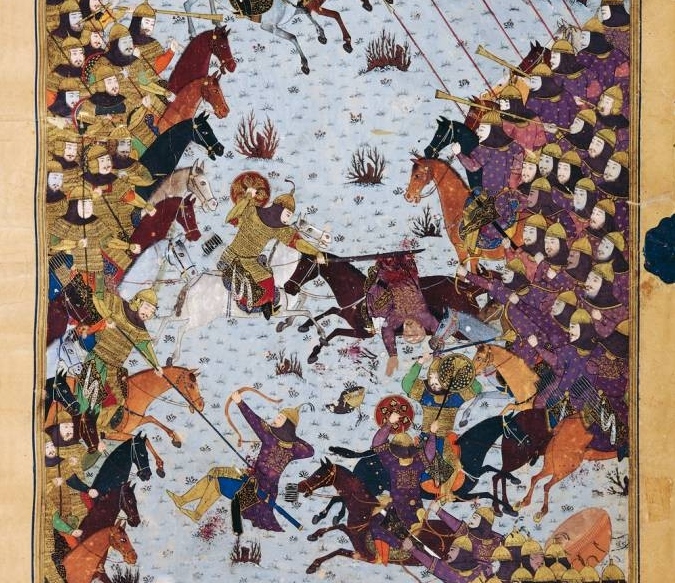 The Persian army led by Khosrow attacking the Turanian army under the command of Afrasiab. The Bayasanghori Shâhnâmeh. 1430