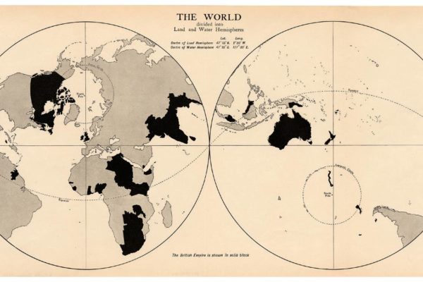 World Map by Lionel Curtis showing the hemispheres of water and land. The British Empire is shown black. 1916