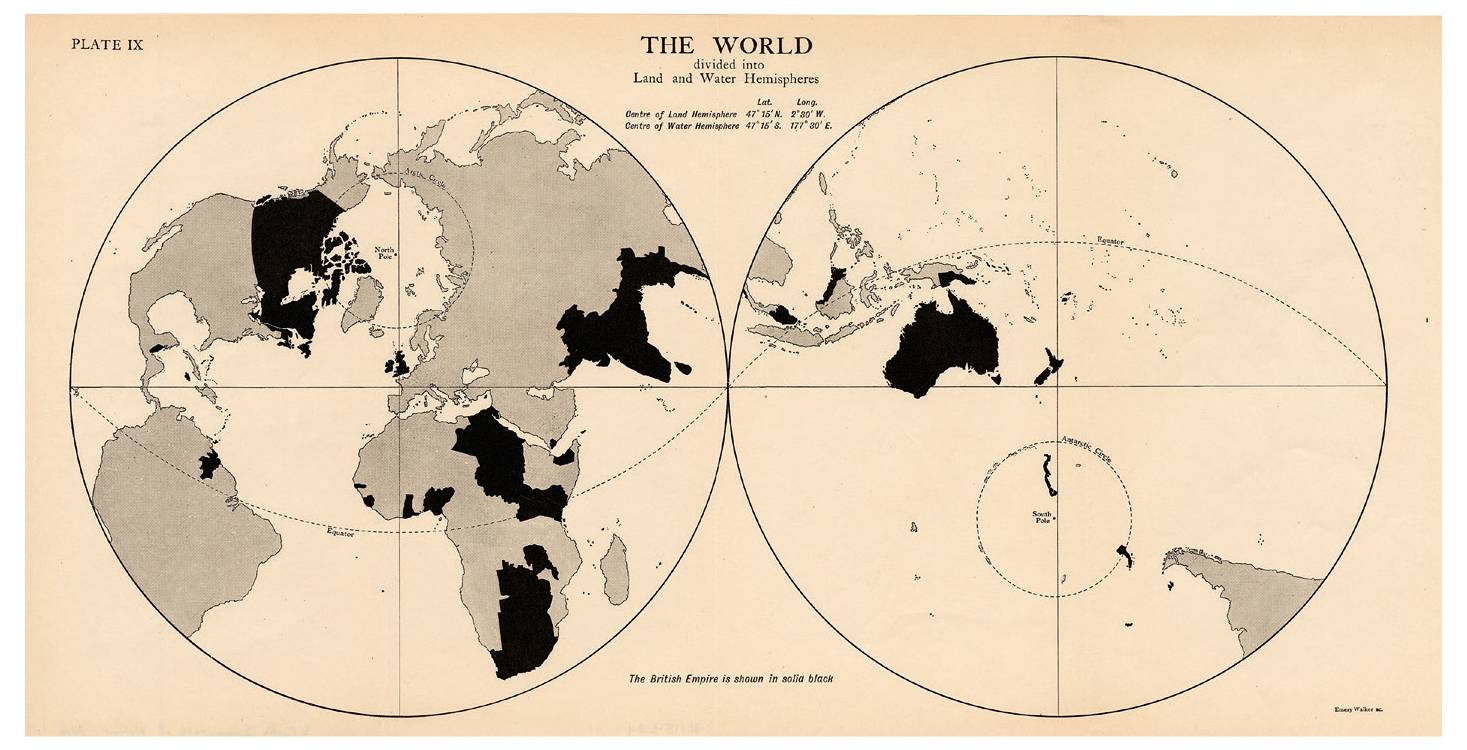 World Map by Lionel Curtis showing the hemispheres of water and land. The British Empire is shown black. 1916