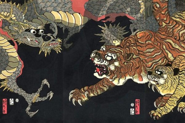 Dragon and Tigers by Utagawa Sadahide. A triptych (fragment). The 19th century.