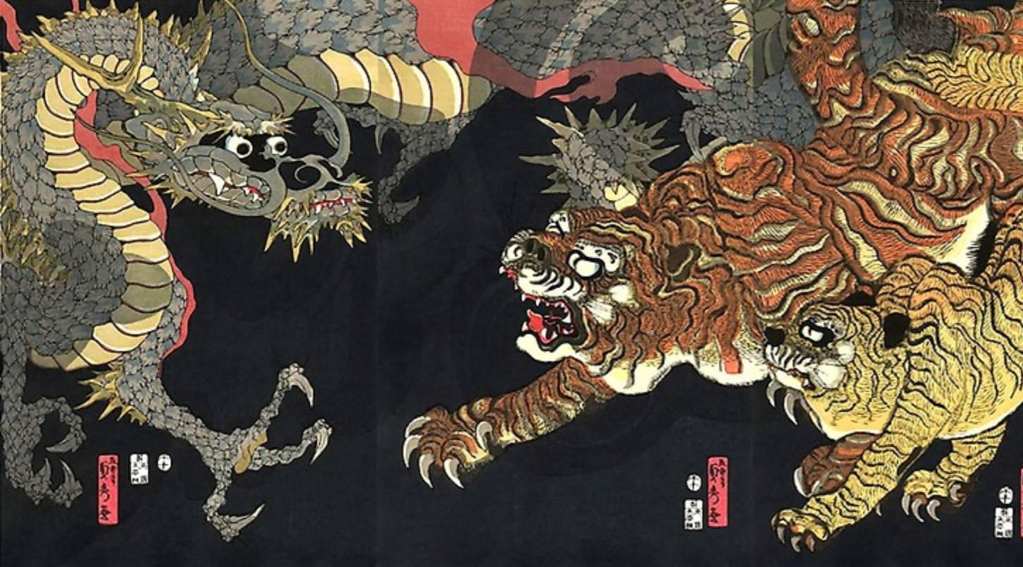 Dragon and Tigers by Utagawa Sadahide. A triptych (fragment). The 19th century.