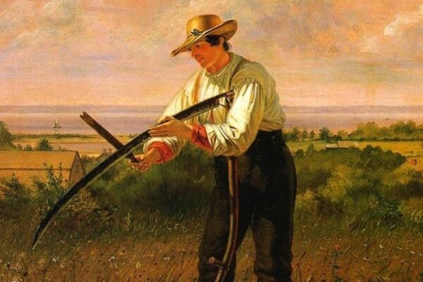 Farmer whetting his scythe