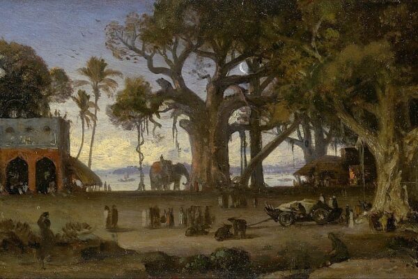 Auguste Borget. Moonlit Scene of Indian Figures and Elephants among Banyan Trees, Upper India (probably Lucknow). 1787