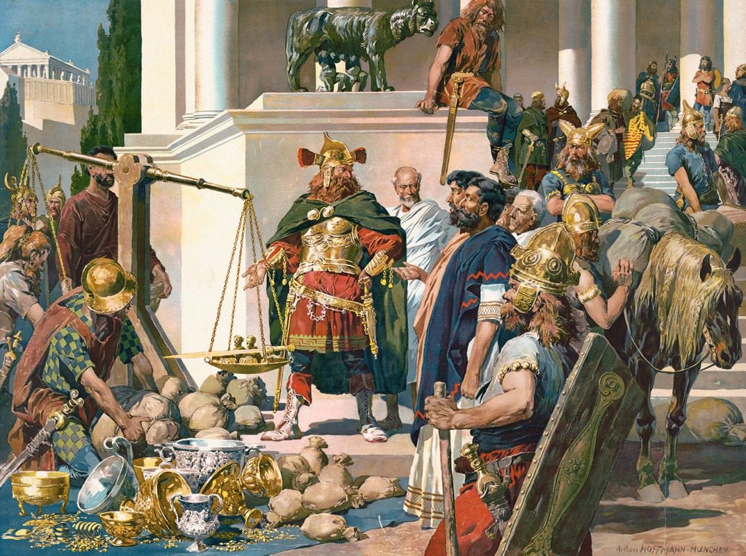 Nordic Military Men Negotiating with Romans Over Gold, Silver Bowls and Coins by Anton Hoffman. 1910