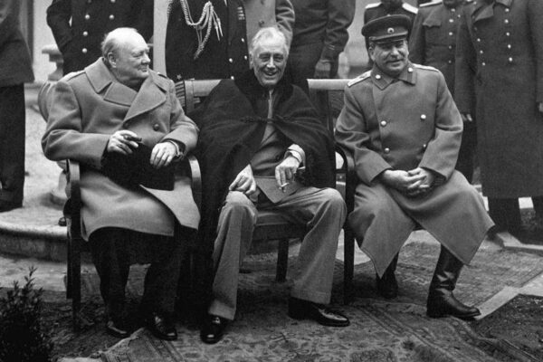 The "Big Three" at the Yalta Conference, Winston Churchill, Franklin D. Roosevelt and Joseph Stalin. 1945